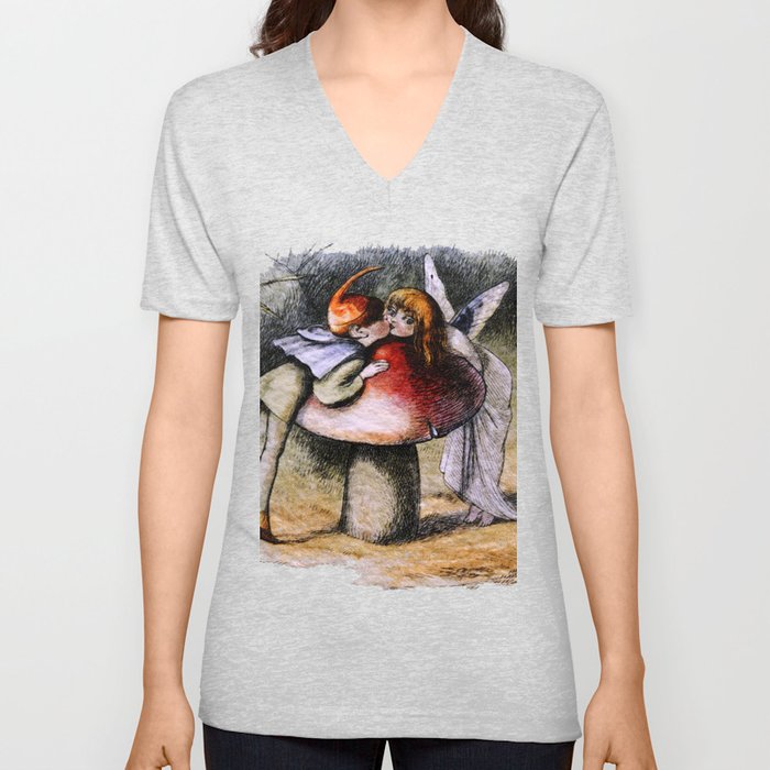 Elf and Fairy Kissing on a Mushroom  V Neck T Shirt