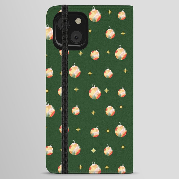 Watercolor Christmas Balls On Dark Green Print Christmas Pattern iPhone Wallet Case