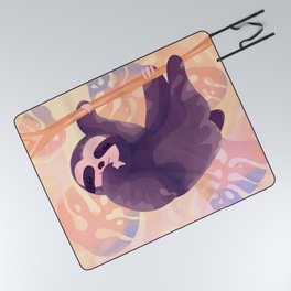 Playful sloth hanging in a colorful jungle Picnic Blanket