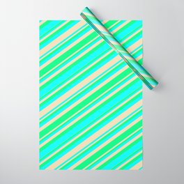 [ Thumbnail: Green, Aqua, and Tan Colored Stripes/Lines Pattern Wrapping Paper ]