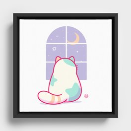 Cute Stargazing Cat Looking Out Window at the Moon & Night Sky  Framed Canvas
