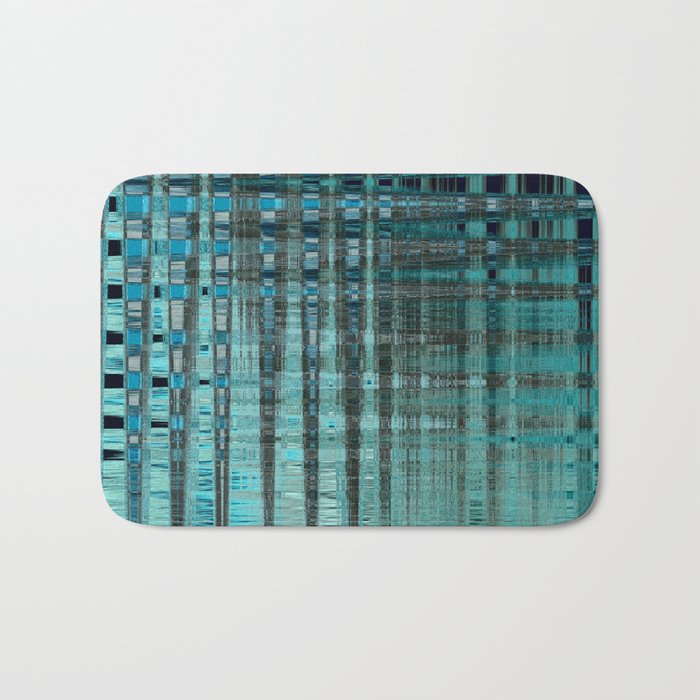 Distorted Turquoise Blue Check Pattern Bath Mat