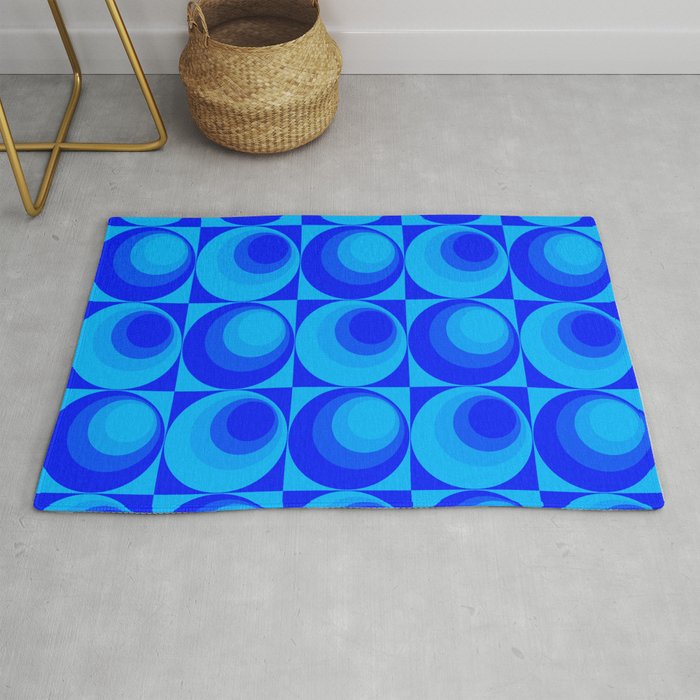 70s style - Retro - Different Shades of Blue - Non-Concentric Circles -  Checkerboard pattern Rug