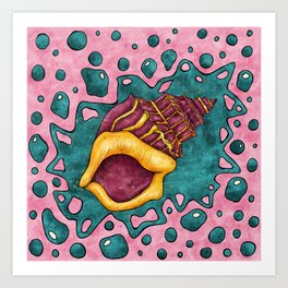 Seashell art with gold yellow and deep red colors, bright nautical Art Print