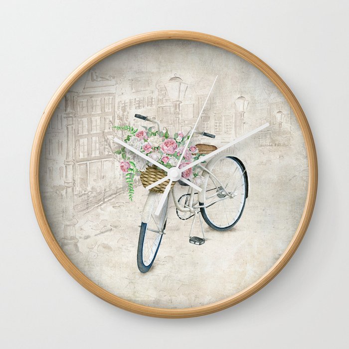 Vintage bicycles with roses basket Wall Clock