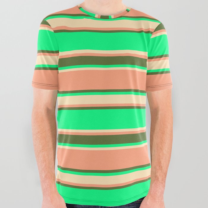 Green, Beige, Light Salmon & Dark Olive Green Colored Stripes Pattern All Over Graphic Tee