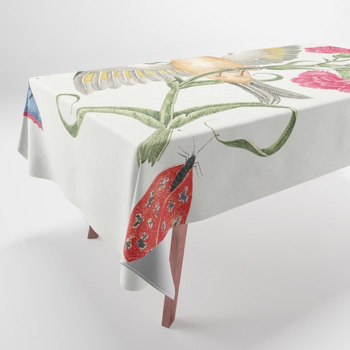 Illustration of a brown bird with red head on carnation stem with butterflies Tablecloth