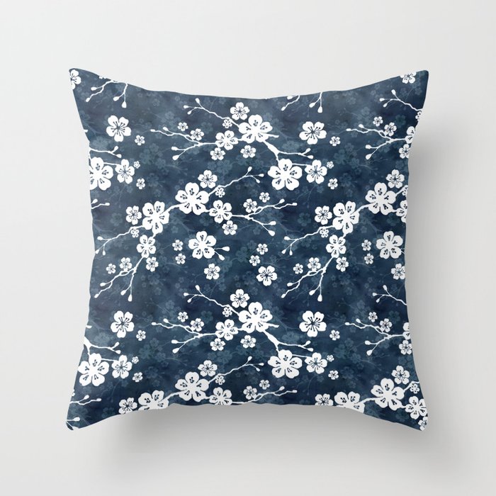 Navy and white cherry blossom pattern Throw Pillow | Graphic-design, Watercolor, Chinese-pattern, Cherry-blossom, Sakura, Floral, Navy-blue, Oriental-pattern