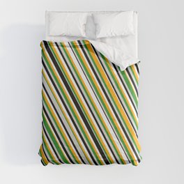 [ Thumbnail: Orange, Forest Green, Light Grey, Black & White Colored Striped Pattern Comforter ]