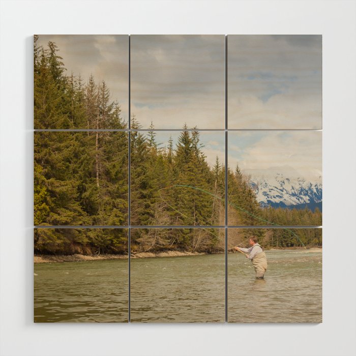 A fly fisherman casting on the Kalum River in the Skeena Region of British Columbia, Canada Wood Wall Art