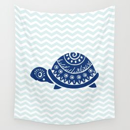 Blue Turtle with Chevron Background, Nautical Wall Tapestry