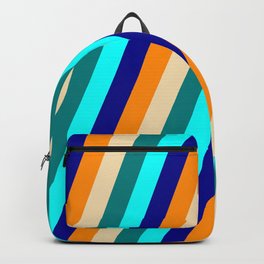 [ Thumbnail: Eyecatching Dark Orange, Tan, Teal, Aqua & Dark Blue Colored Stripes Pattern Backpack ]