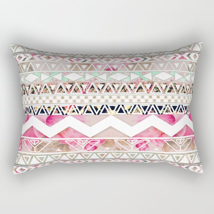 Aztec Spring Time! | Girly Pink White Floral Abstract Aztec Pattern Rectangular Pillow