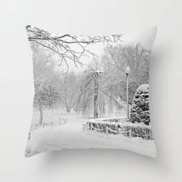 Snowstorm in the Boston Public Garden. Boston Massachusetts Black and White Throw Pillow