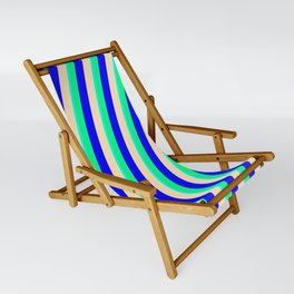 [ Thumbnail: Cyan, Green, Blue & Beige Colored Lined Pattern Sling Chair ]