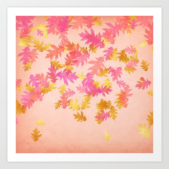 Autumn-world 1 - gold glitter leaves on pink background Art Print