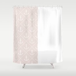 White Anchors on Pale Pink and White Vertical Split Shower Curtain