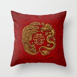 Double Happiness Symbol with Phoenix and Dragon  Throw Pillow