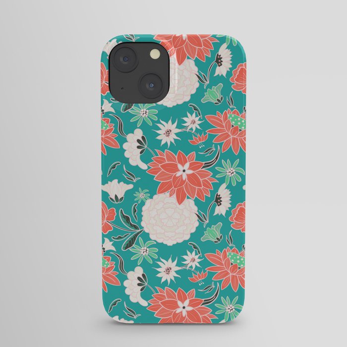 Teal, coral and white vintage floral pattern iPhone Case