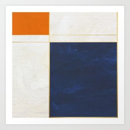 Orange, Blue And White With Golden Lines Abstract Painting Art Print