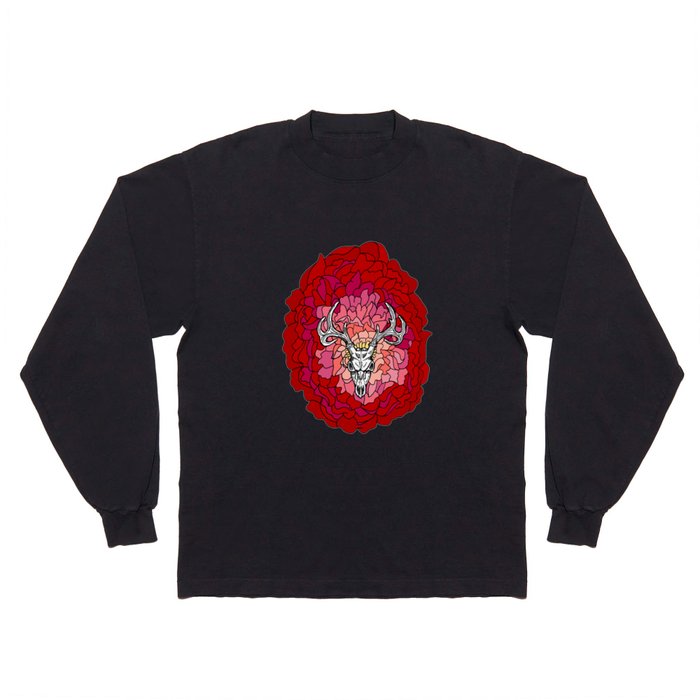Deer Skull on Red Flower Long Sleeve T Shirt