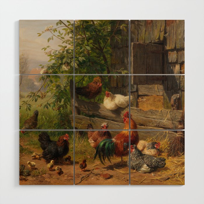 Chickens & Roosters on Farmland Art Wood Wall Art