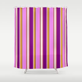 [ Thumbnail: Violet, Goldenrod, Purple & Beige Colored Lines Pattern Shower Curtain ]