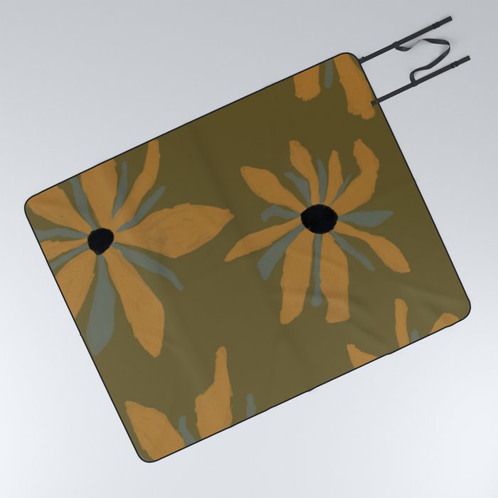Ecelctic Sunflowers on Olive Green Picnic Blanket
