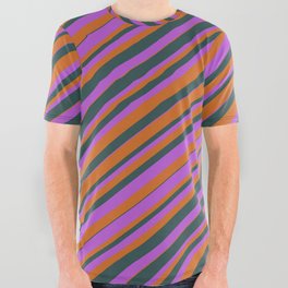 [ Thumbnail: Chocolate, Dark Slate Gray, and Orchid Colored Striped Pattern All Over Graphic Tee ]