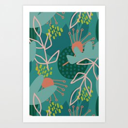 Abstract Florals in Teal Art Print
