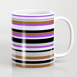 [ Thumbnail: Grey, Brown, Purple, Lavender & Black Colored Pattern of Stripes Coffee Mug ]
