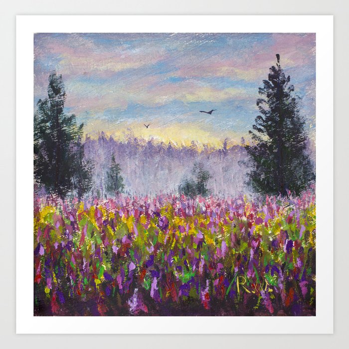 Flower Glade Field Of Purple Flowers Landscape Original Oil
