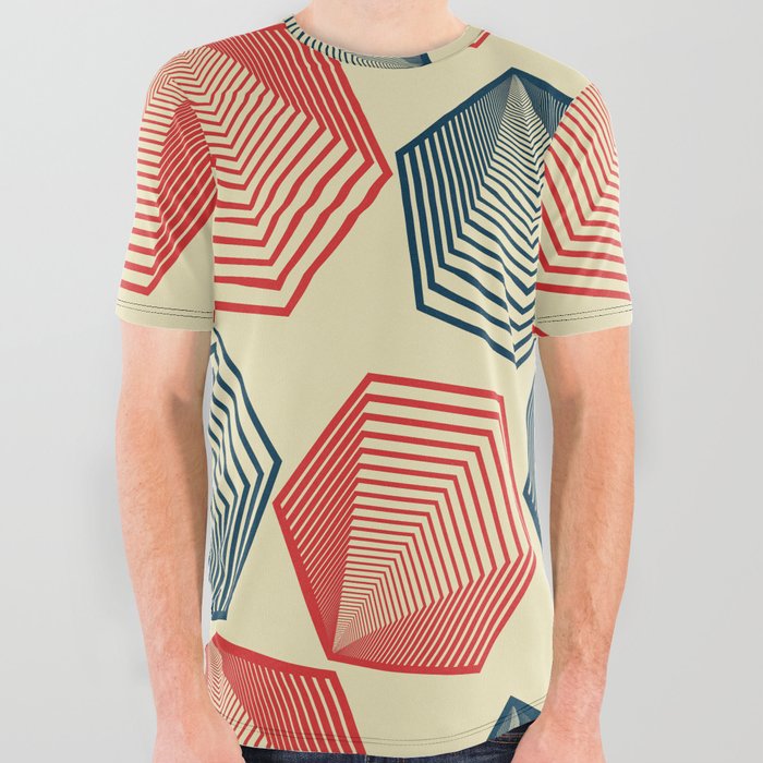 Mid-Century Modern Hexagonal Shapes Pattern - Red and Blue All Over Graphic Tee