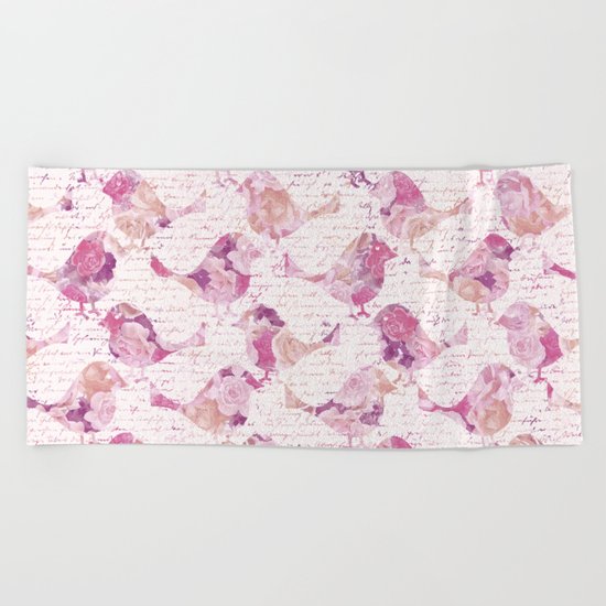 Vintage Flower Birds and handwriting pattern Beach Towel