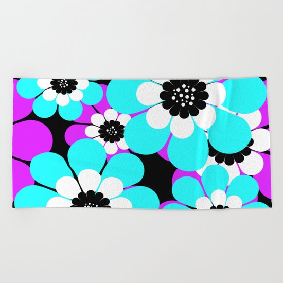 The floral pattern . Purple and turquoise flowers on a black background . Beach Towel