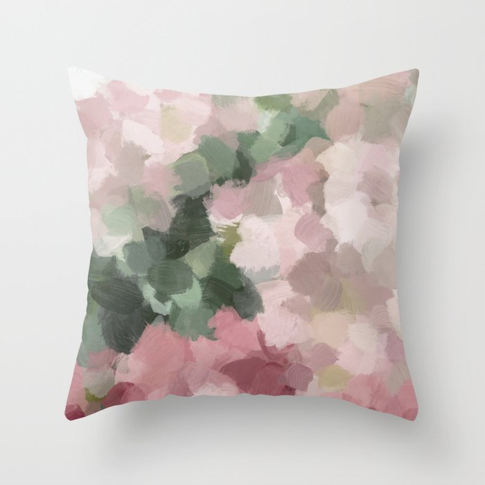 Blurry Bouquet - Forest Green Fuchsia Blush Dark Pink Abstract Flower Nature Painting Art Print Throw Pillow