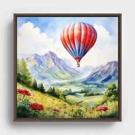 Hot Air Balloon Flying over Mountains - Watercolor Landscape Framed Canvas