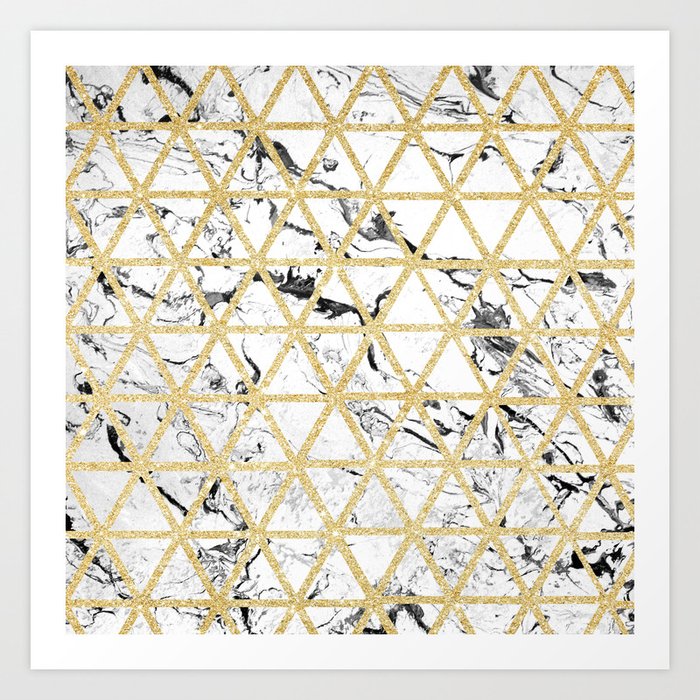 Stylish white marble faux gold glitter triangles pattern Art Print