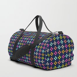 Pixel art - bright multi-coloured cross check on navy blue Duffle Bag
