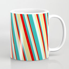[ Thumbnail: Red, Tan, Light Cyan, and Light Sea Green Colored Lined/Striped Pattern Coffee Mug ]
