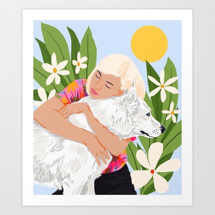 All You Need Is Love & A Dog | Pets Urban Jungle Bohemian Woman Illustration Art Print