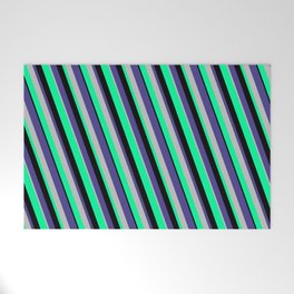 [ Thumbnail: Dark Slate Blue, Grey, Green, and Black Colored Lines/Stripes Pattern Welcome Mat ]