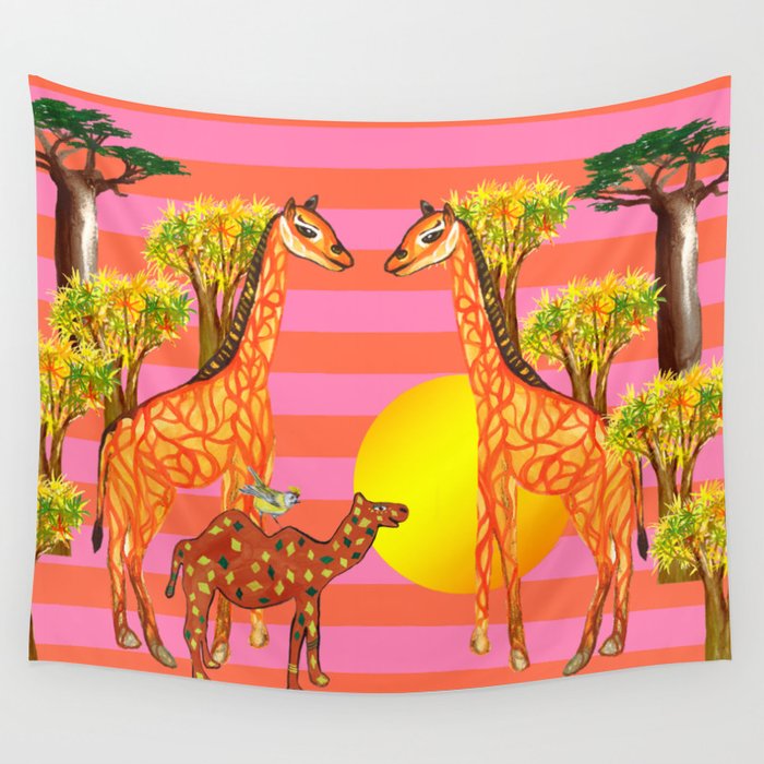 Camel Giraffe Stripes Kids Room Art  Wall Tapestry