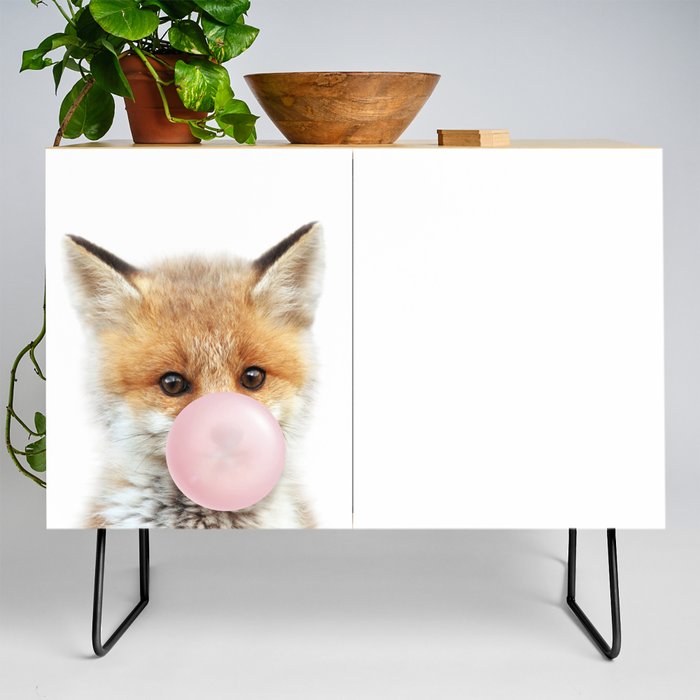 Baby Fox Blowing Bubble Gum, Pink Nursery, Baby Animals Art Print by Synplus Credenza