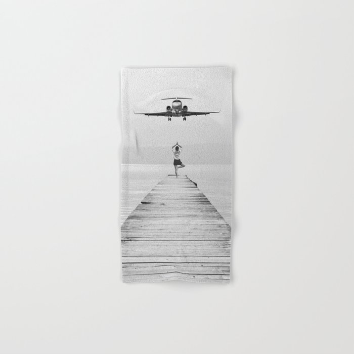Namaste; Steady As She Goes 7; aircraft coming in for an island landing female in zen black and white photography - photographs - photograph Art Print Hand & Bath Towel