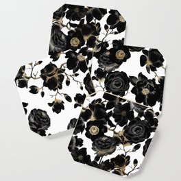 Modern Elegant Black White and Gold Floral Pattern Coaster