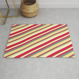 [ Thumbnail: Gray, Tan, Light Yellow & Crimson Colored Lines Pattern Rug ]