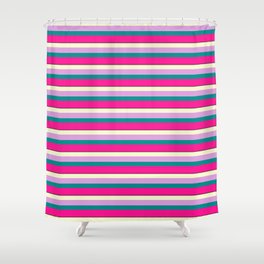 [ Thumbnail: Colorful Light Yellow, Plum, Dark Cyan, Deep Pink & Black Colored Lined Pattern Shower Curtain ]