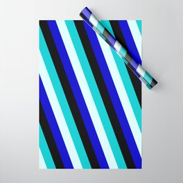 [ Thumbnail: Dark Turquoise, Light Cyan, Blue, and Black Colored Striped/Lined Pattern Wrapping Paper ]