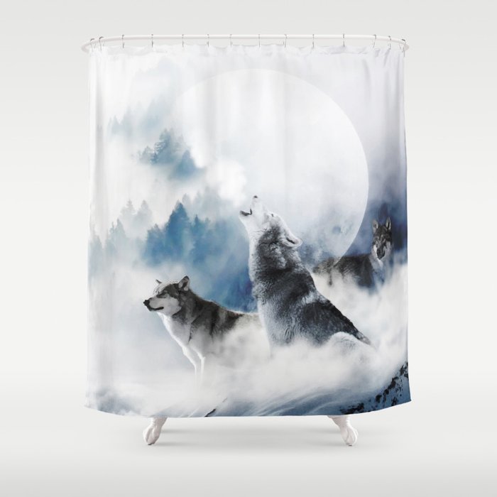 Winter Wolves, Wildlife Wolf Wild Dogs, Snow Full Moon Animals Photography Love Digital Art Shower Curtain